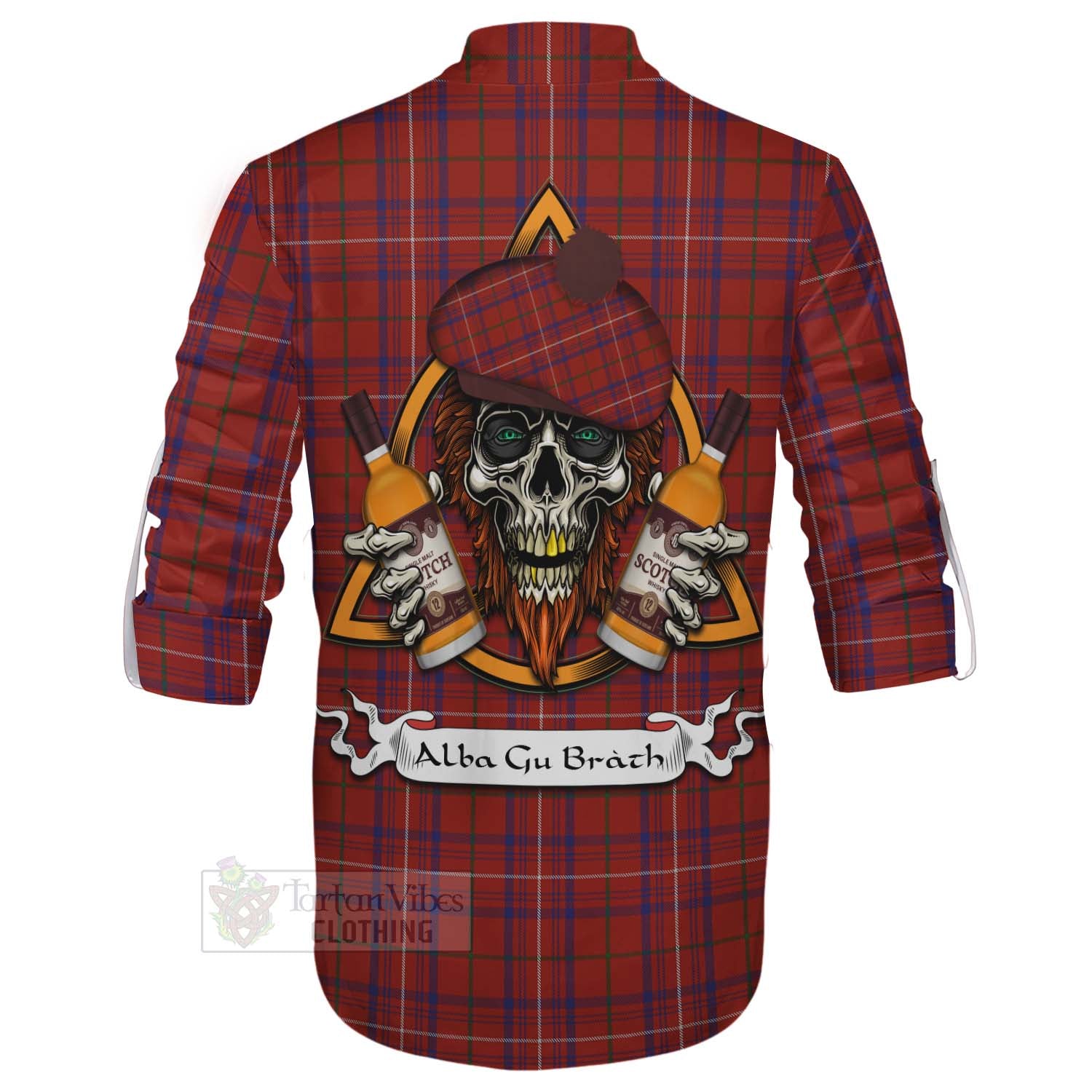 Tartan Vibes Clothing Rose Tartan Ghillie Kilt Shirt with Family Crest and Bearded Skull Holding Bottles of Whiskey