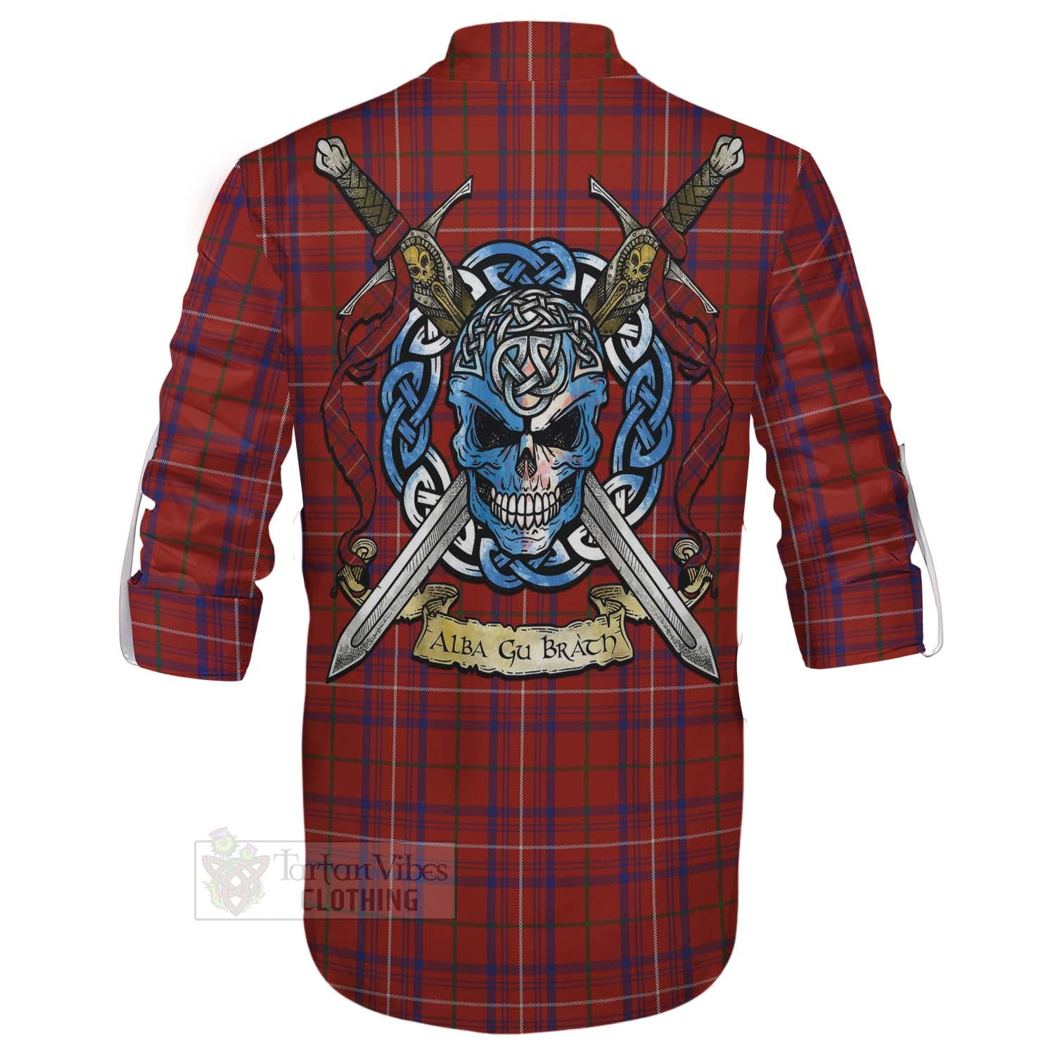 Tartan Vibes Clothing Rose Tartan Ghillie Kilt Shirt with Family Crest Celtic Skull Style