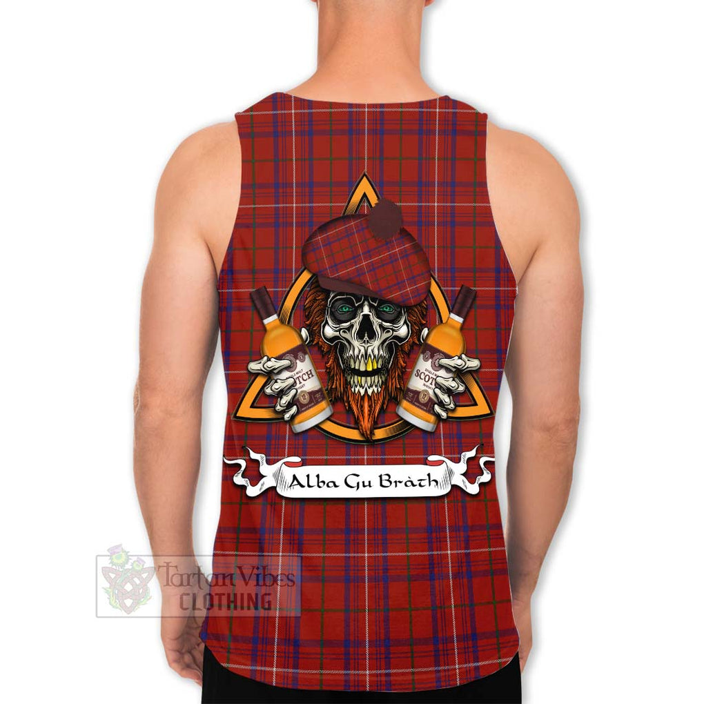 Tartan Vibes Clothing Rose Tartan Men's Tank Top with Family Crest and Bearded Skull Holding Bottles of Whiskey