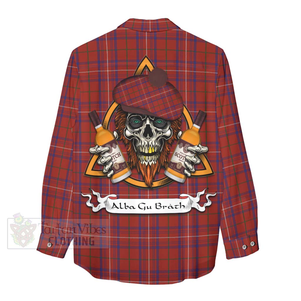 Tartan Vibes Clothing Rose Tartan Women's Casual Shirt with Family Crest and Bearded Skull Holding Bottles of Whiskey