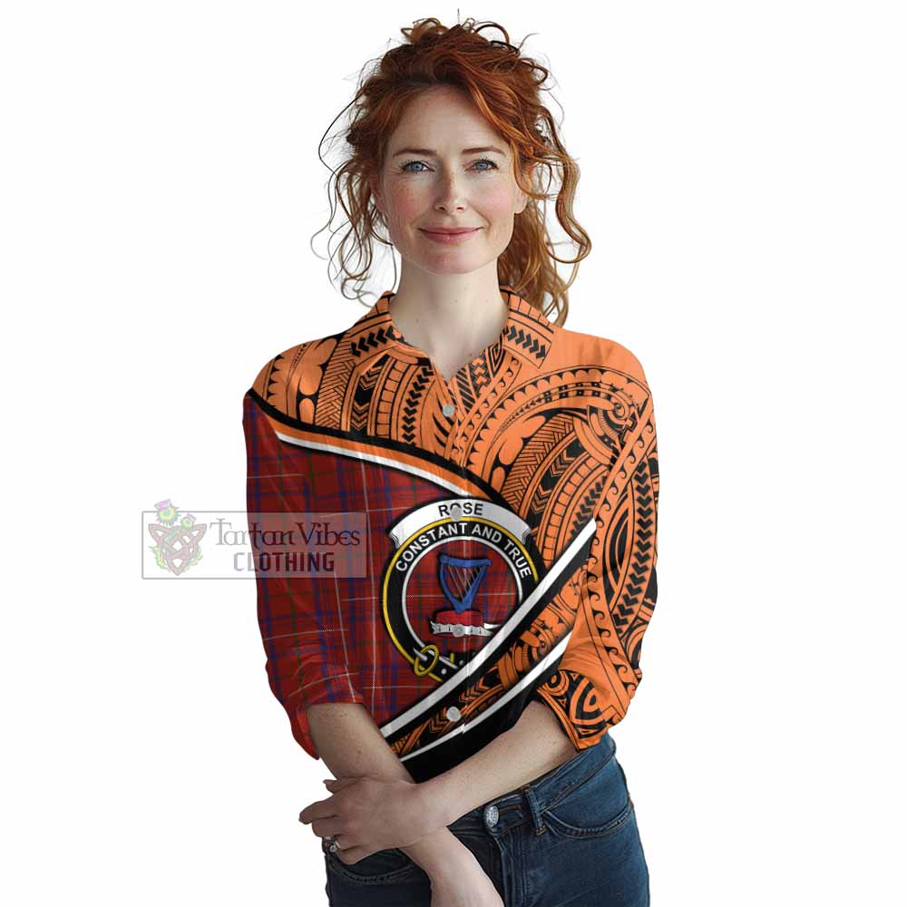 Tartan Vibes Clothing Rose Crest Tartan Women's Casual Shirt with Maori Tattoo Style - Orange Version