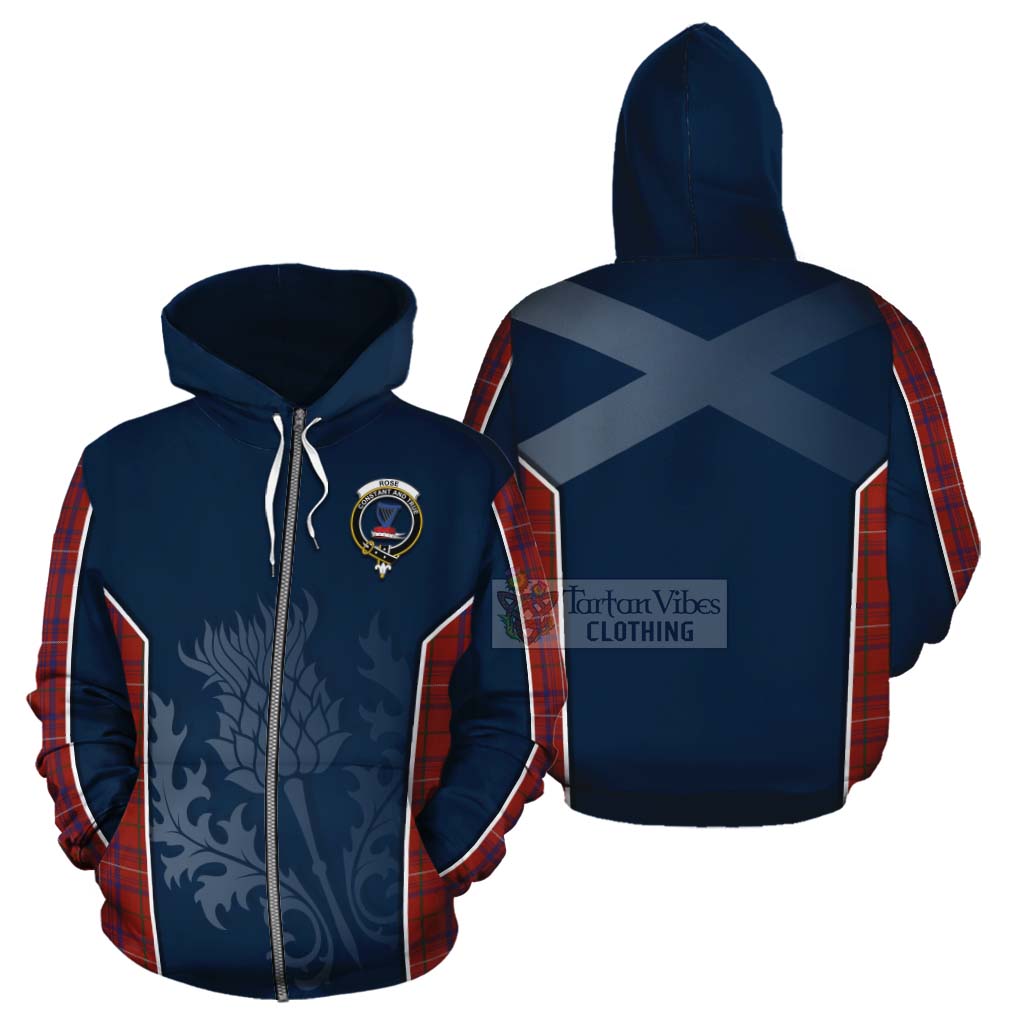 Tartan Vibes Clothing Rose Tartan Cotton Hoodie with Family Crest and Scottish Thistle Vibes Sport Style