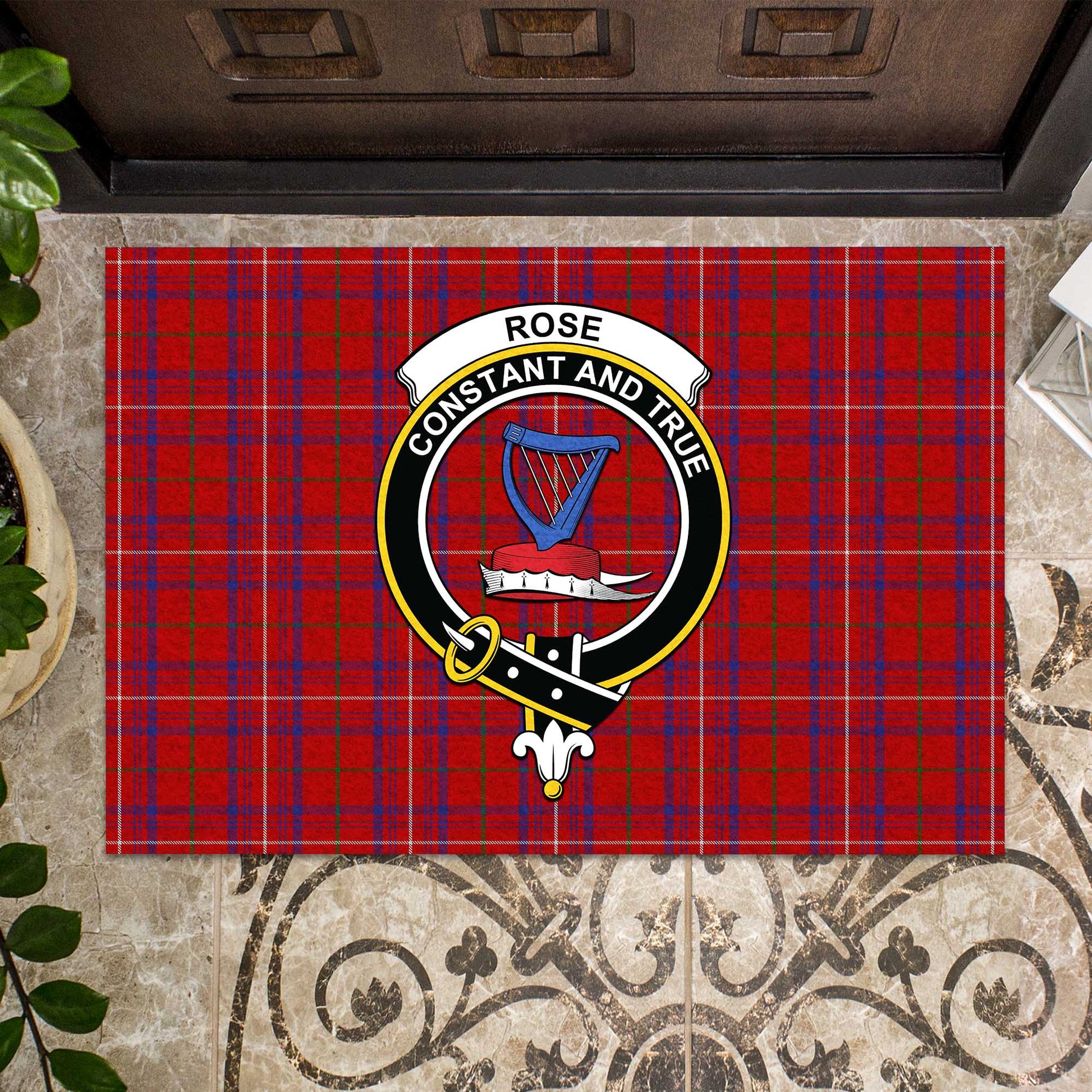 Rose Tartan Door Mat with Family Crest - Tartanvibesclothing Shop