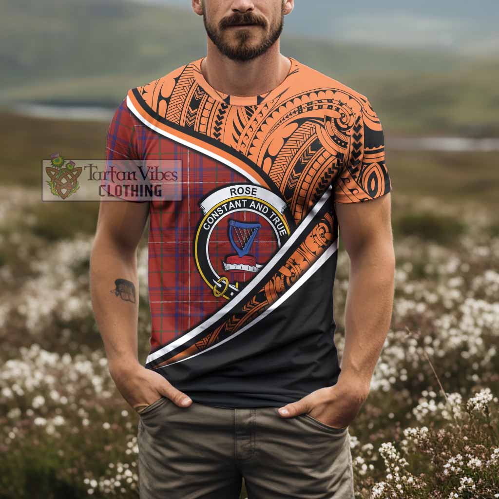 Tartan Vibes Clothing Rose Crest Tartan T-Shirt with Maori Tattoo Style - Orange Version