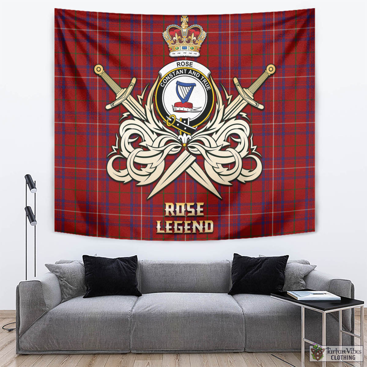 Tartan Vibes Clothing Rose Tartan Tapestry with Clan Crest and the Golden Sword of Courageous Legacy