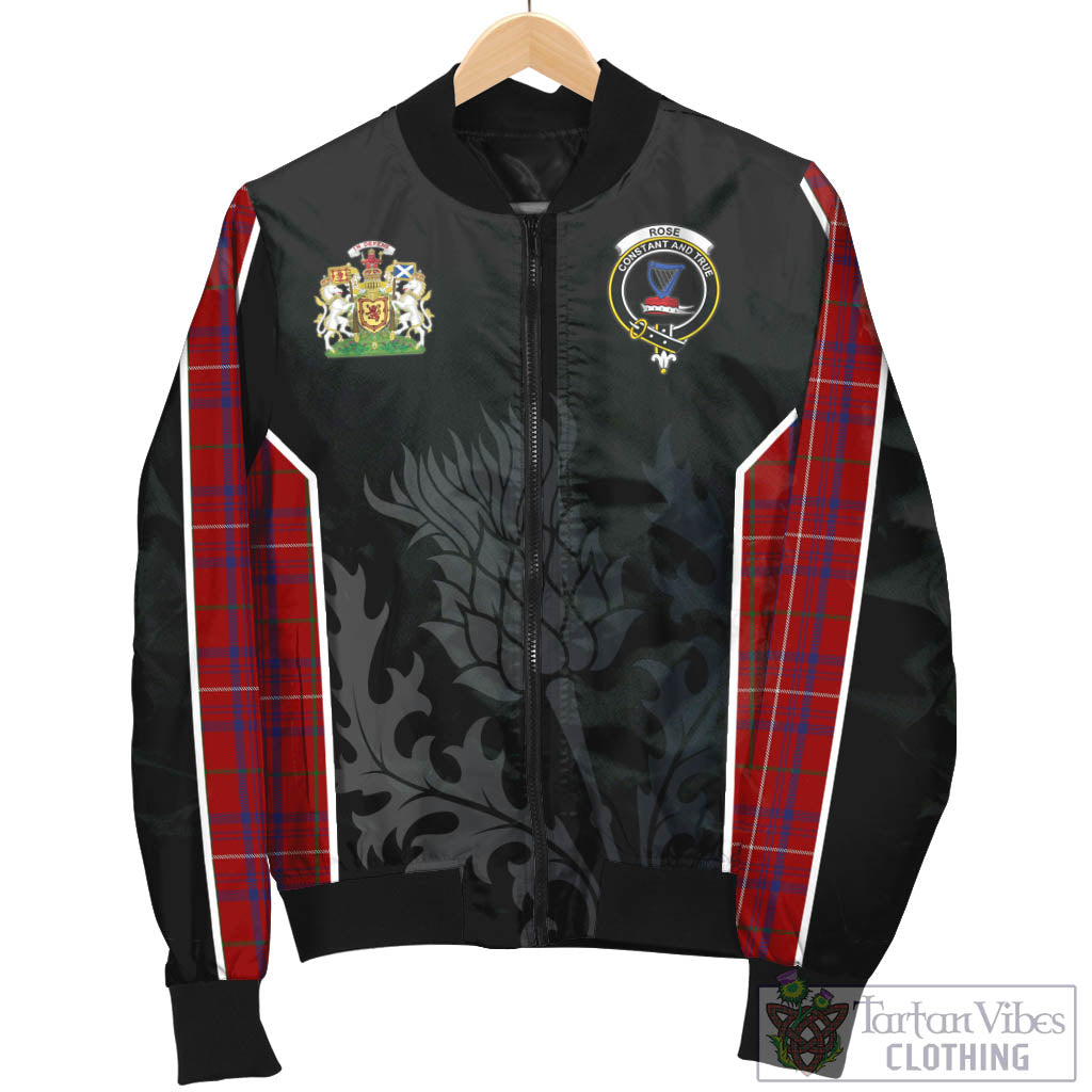 Tartan Vibes Clothing Rose Tartan Bomber Jacket with Family Crest and Scottish Thistle Vibes Sport Style