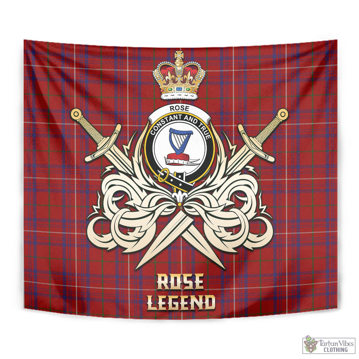 Tartan Vibes Clothing Rose Tartan Tapestry with Clan Crest and the Golden Sword of Courageous Legacy