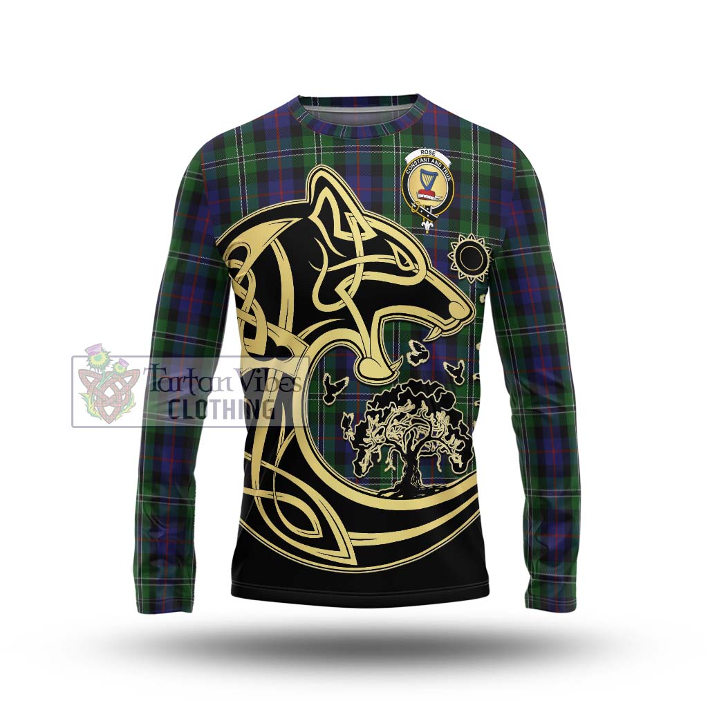 Tartan Vibes Clothing Rose Hunting Tartan Long Sleeve T-Shirt with Family Crest Celtic Wolf Style