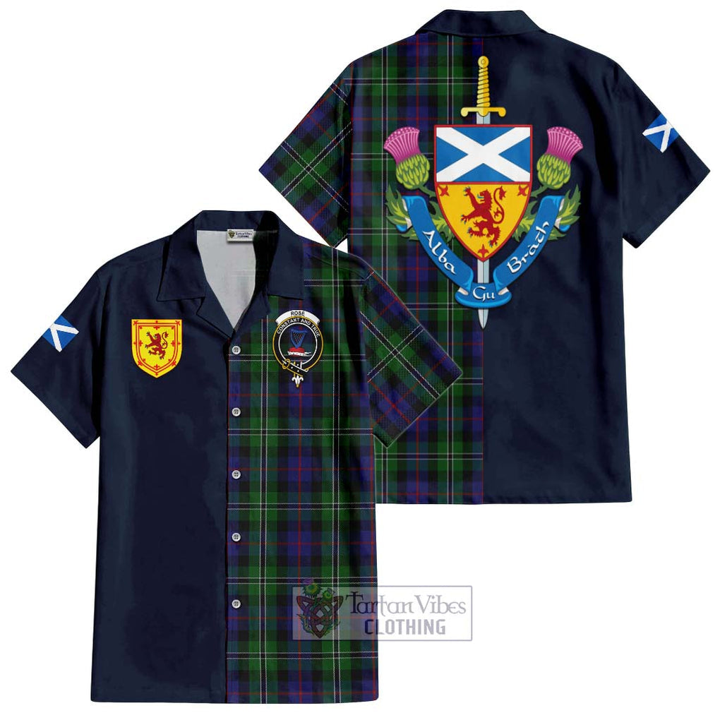 Tartan Vibes Clothing Rose Hunting Tartan Short Sleeve Button Shirt with Scottish Lion Royal Arm Half Style