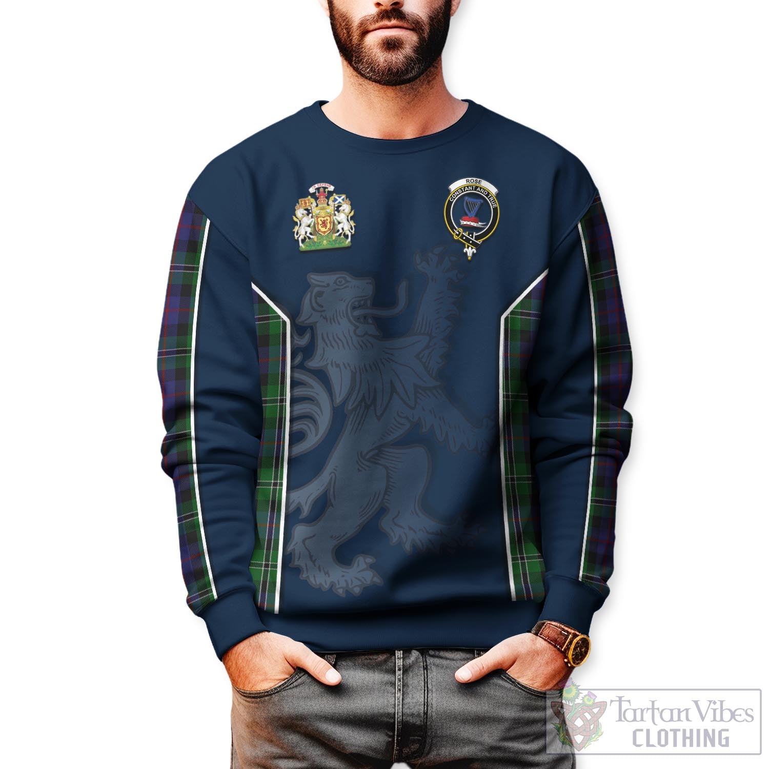 Tartan Vibes Clothing Rose Hunting Tartan Sweater with Family Crest and Lion Rampant Vibes Sport Style