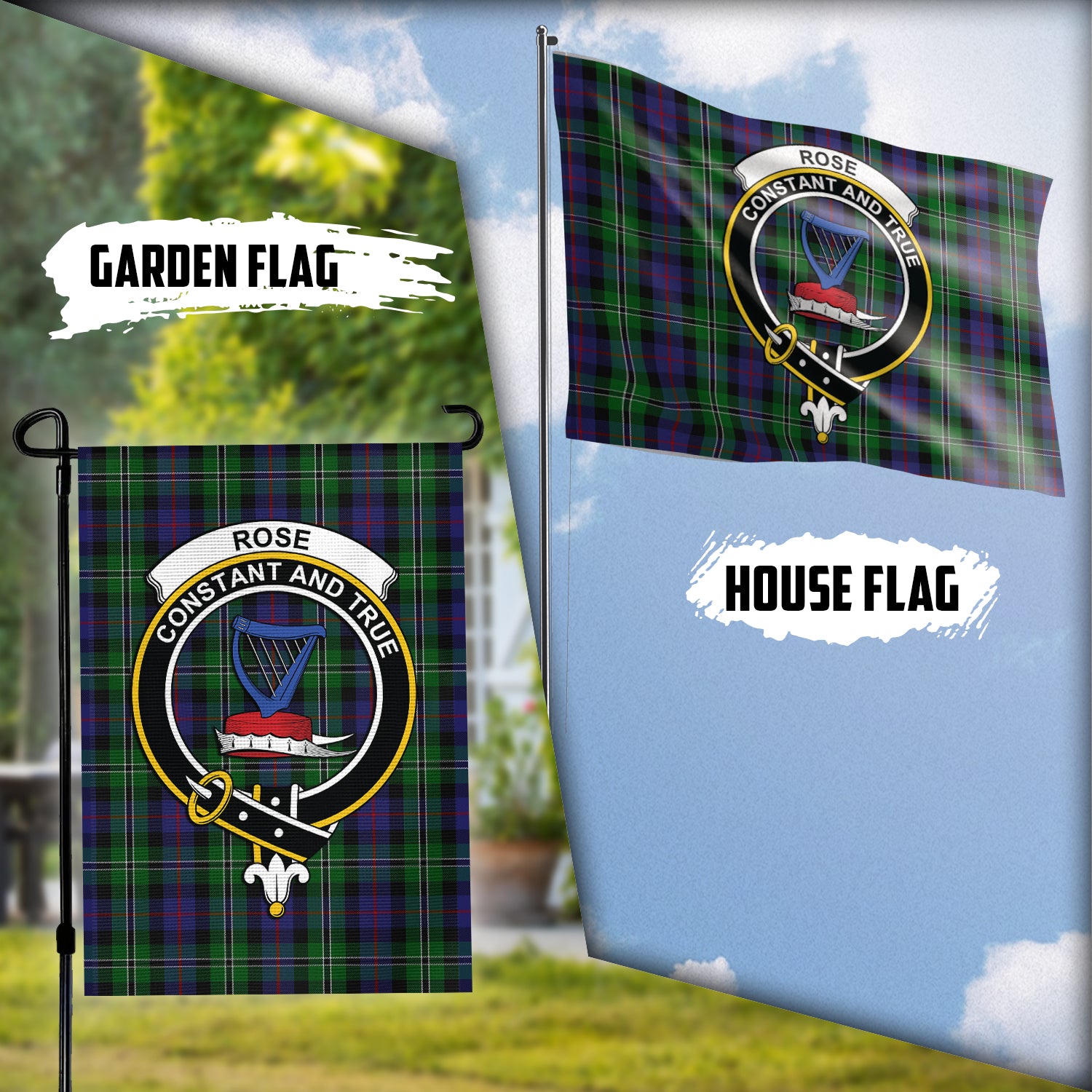 Rose Hunting Tartan Flag with Family Crest Garden Flag (Vertical) - Tartan Vibes Clothing