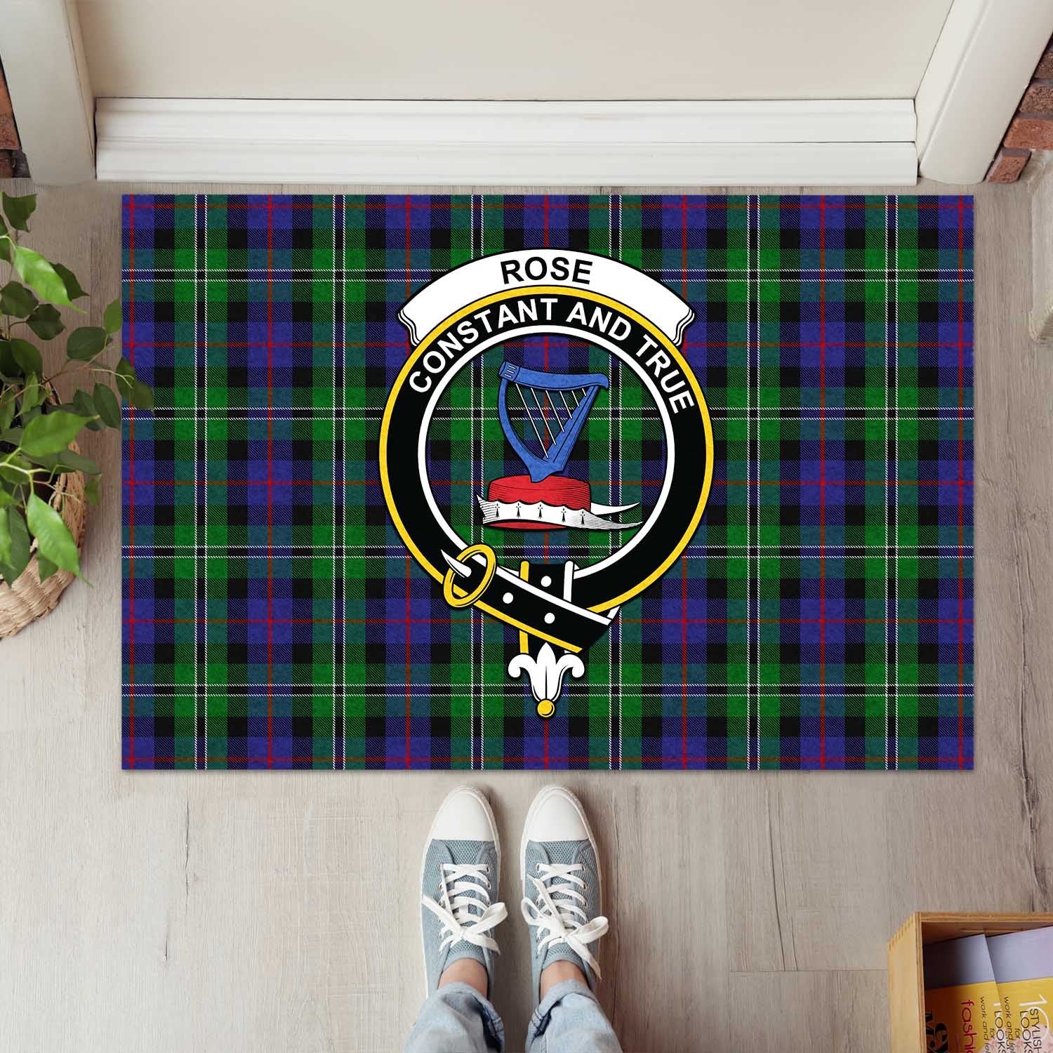 Rose Hunting Tartan Door Mat with Family Crest - Tartanvibesclothing Shop