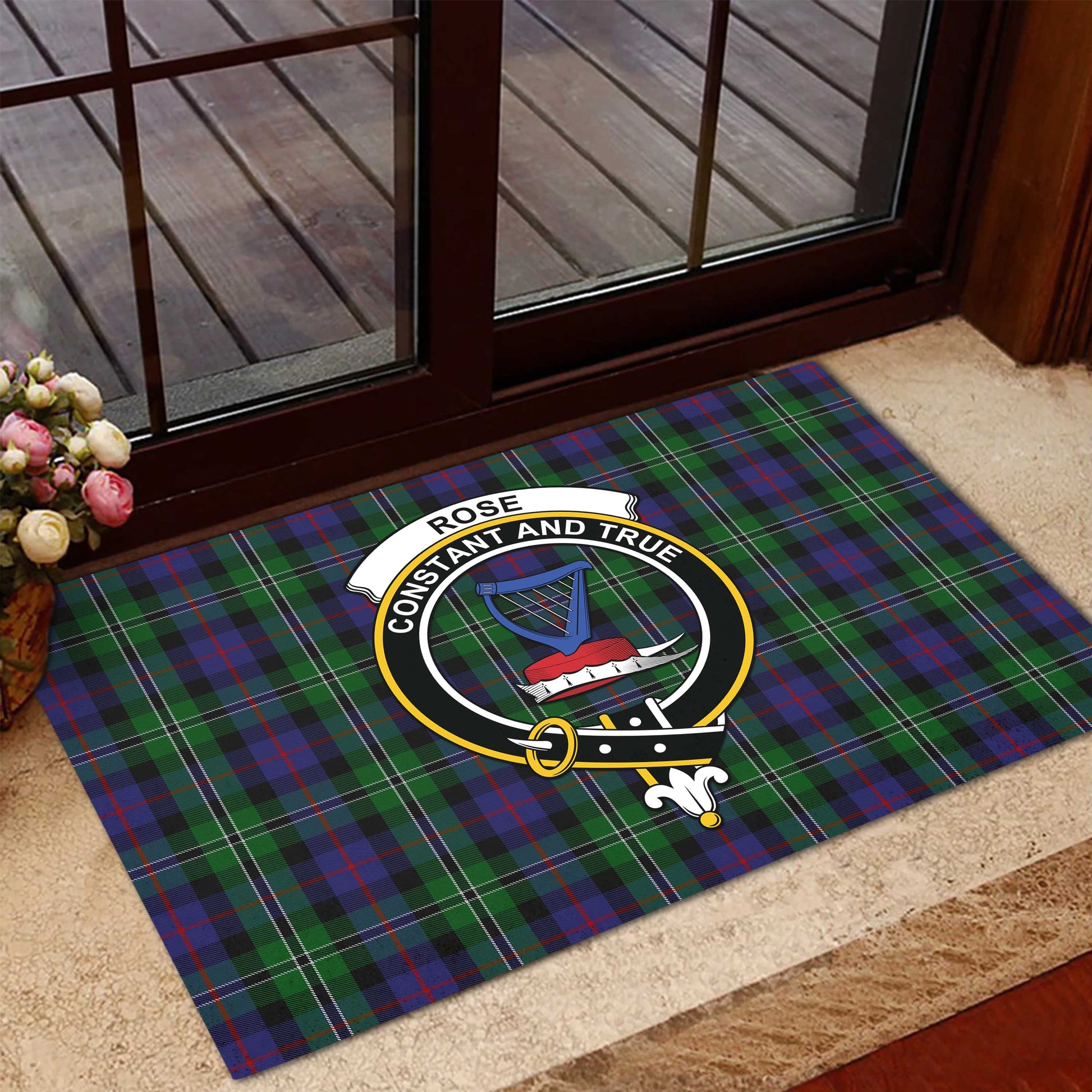 Rose Hunting Tartan Door Mat with Family Crest - Tartanvibesclothing Shop