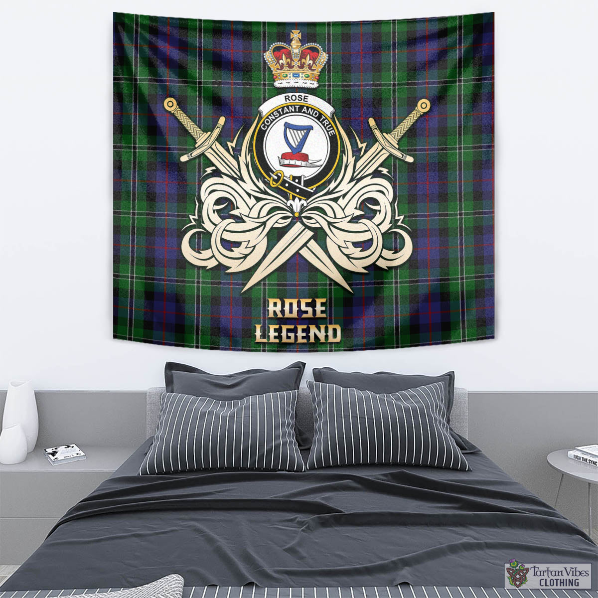 Tartan Vibes Clothing Rose Hunting Tartan Tapestry with Clan Crest and the Golden Sword of Courageous Legacy