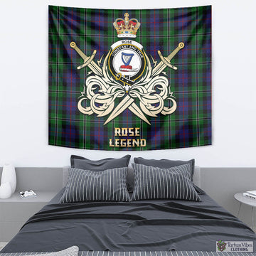 Rose Hunting Tartan Tapestry with Clan Crest and the Golden Sword of Courageous Legacy