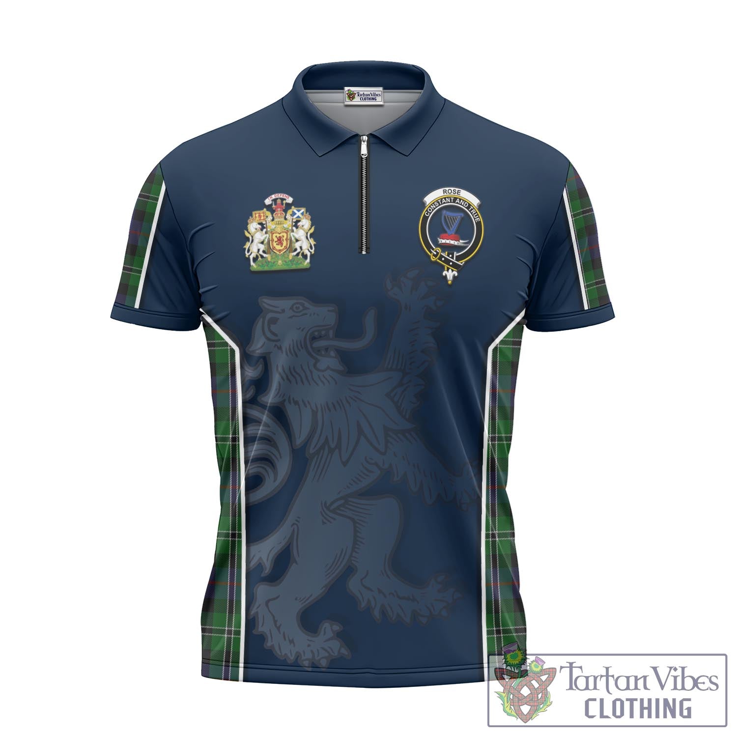 Tartan Vibes Clothing Rose Hunting Tartan Zipper Polo Shirt with Family Crest and Lion Rampant Vibes Sport Style