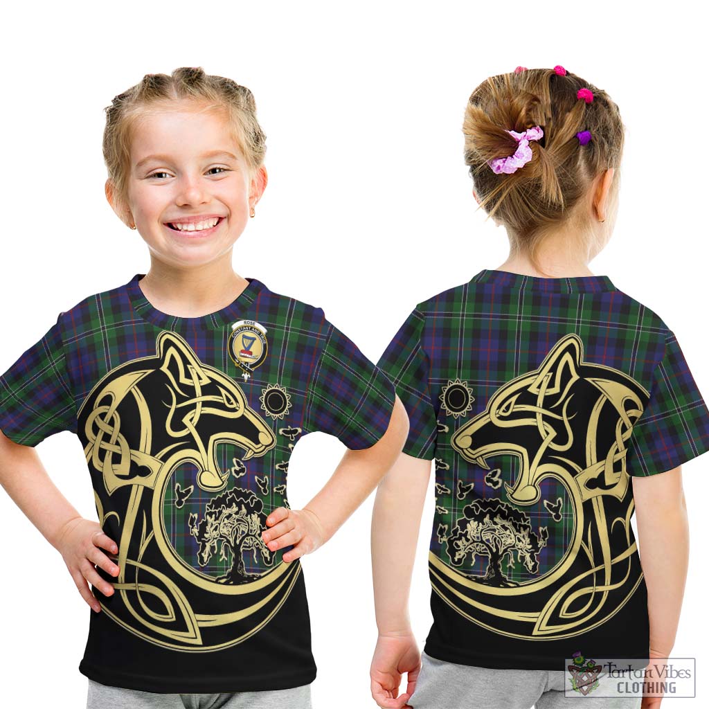 Tartan Vibes Clothing Rose Hunting Tartan Kid T-Shirt with Family Crest Celtic Wolf Style