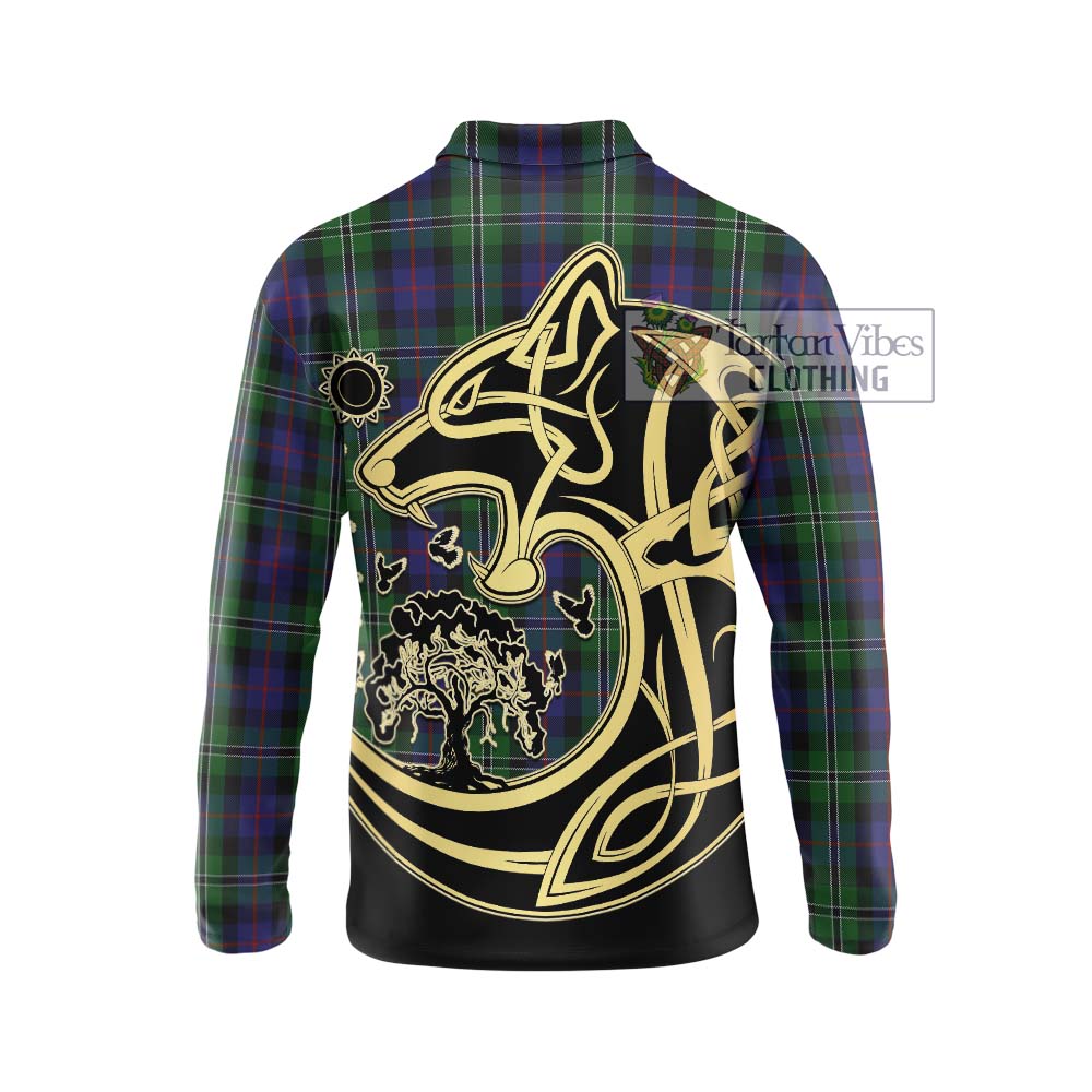 Tartan Vibes Clothing Rose Hunting Tartan Long Sleeve Polo Shirt with Family Crest Celtic Wolf Style