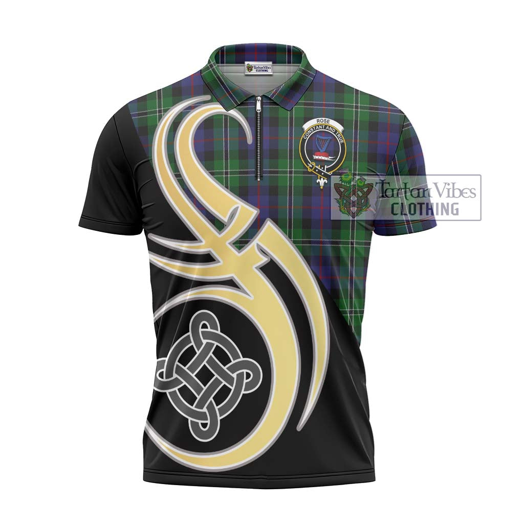 Tartan Vibes Clothing Rose Hunting Tartan Zipper Polo Shirt with Family Crest and Celtic Symbol Style