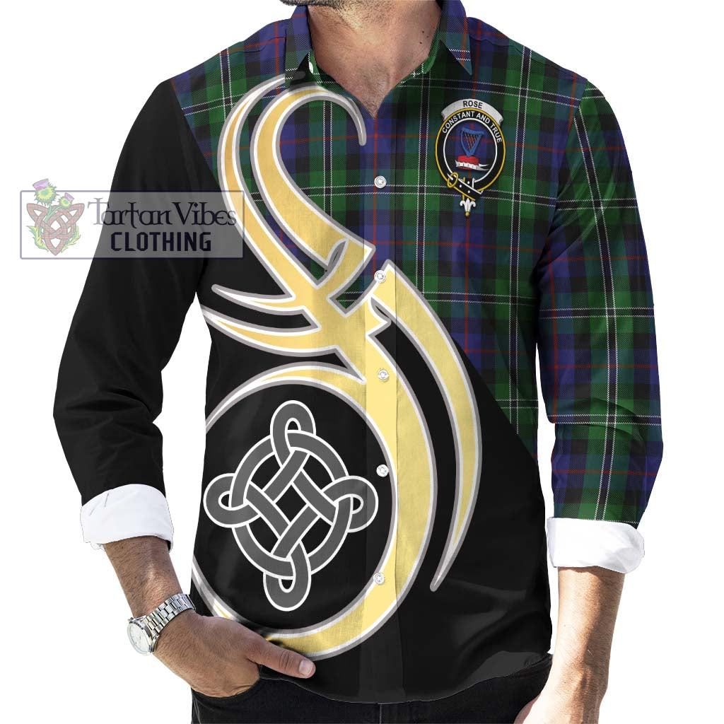 Rose Hunting Tartan Long Sleeve Button Shirt with Family Crest and Celtic Symbol Style - Tartan Vibes Clothing