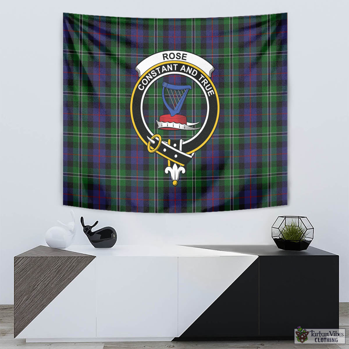 Tartan Vibes Clothing Rose Hunting Tartan Tapestry Wall Hanging and Home Decor for Room with Family Crest