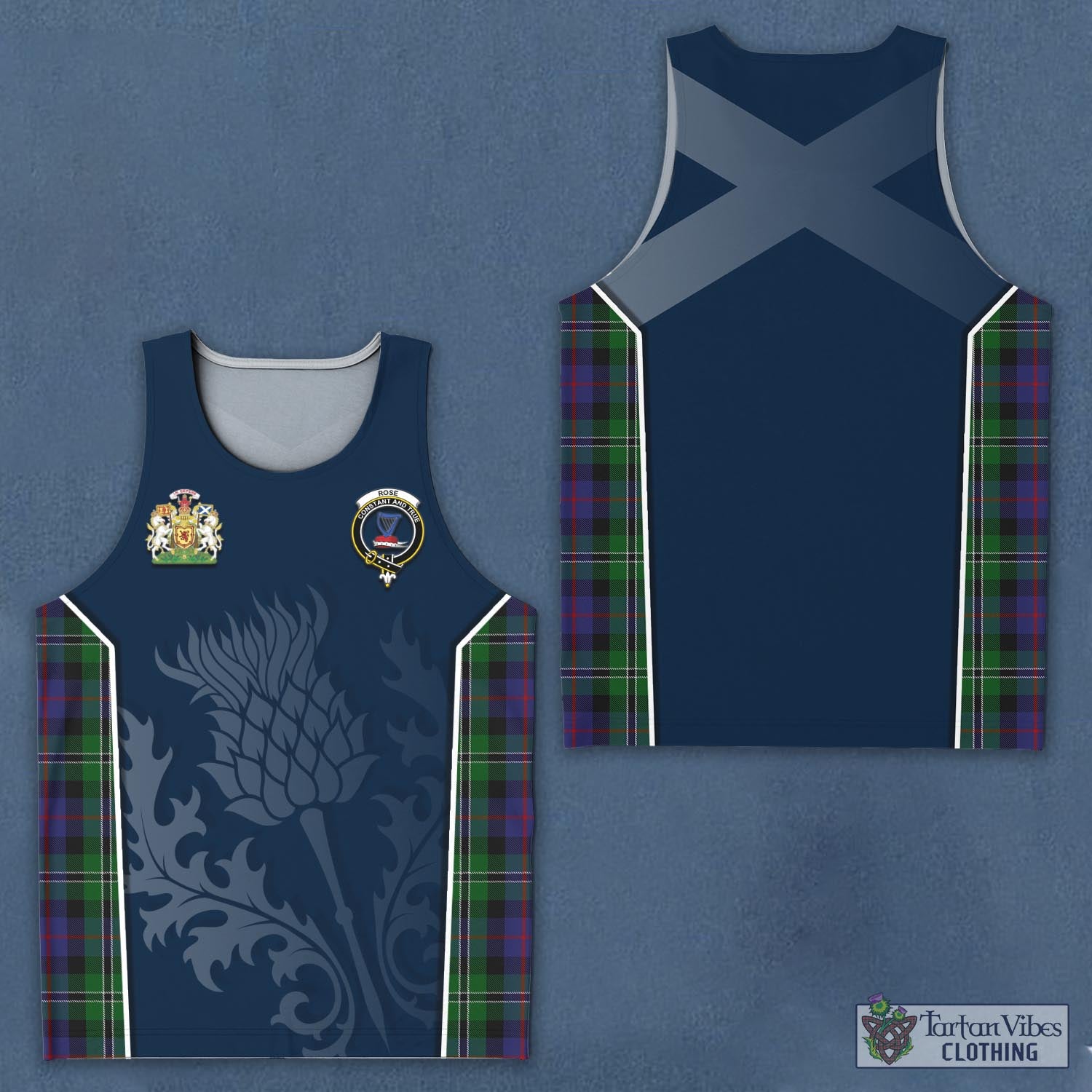 Tartan Vibes Clothing Rose Hunting Tartan Men's Tanks Top with Family Crest and Scottish Thistle Vibes Sport Style