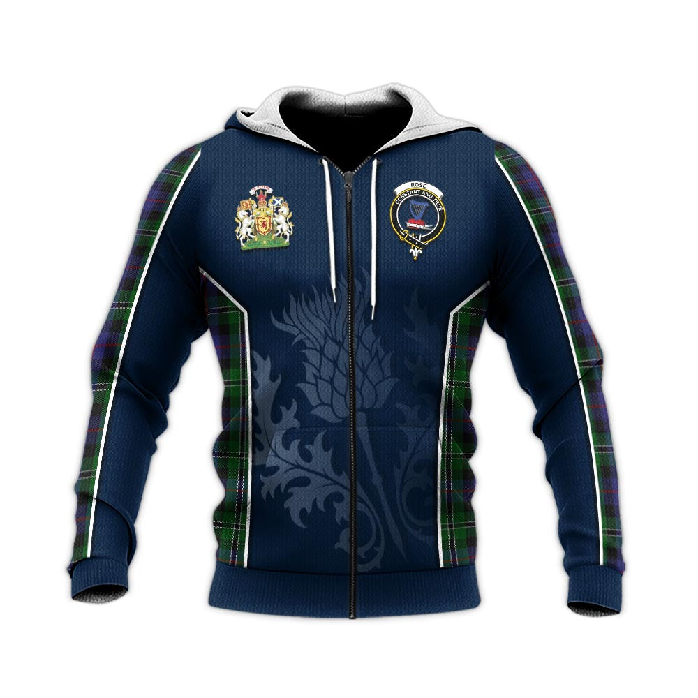 Tartan Vibes Clothing Rose Hunting Tartan Knitted Hoodie with Family Crest and Scottish Thistle Vibes Sport Style