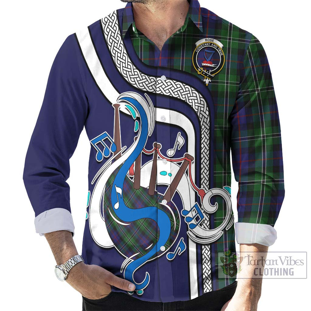 Rose Hunting Tartan Long Sleeve Button Shirt with Epic Bagpipe Style - Tartanvibesclothing Shop