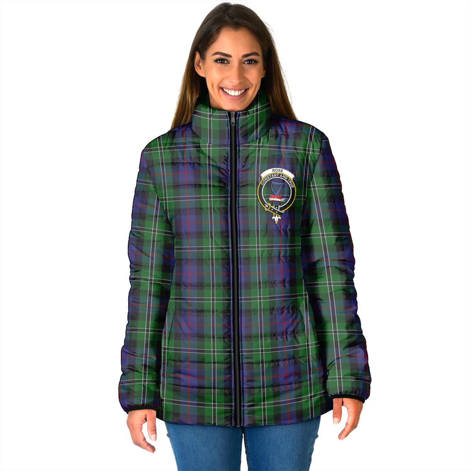 Rose Hunting Tartan Padded Jacket with Family Crest - Tartan Vibes Clothing