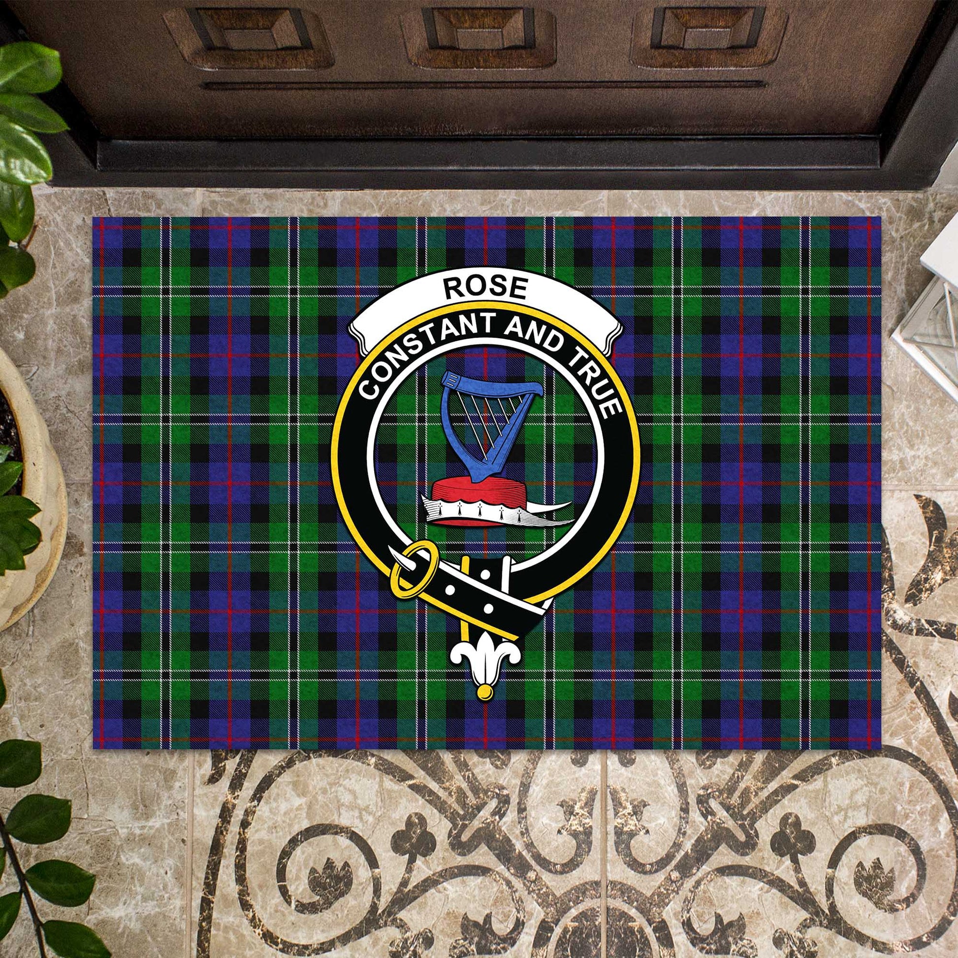 Rose Hunting Tartan Door Mat with Family Crest - Tartanvibesclothing Shop