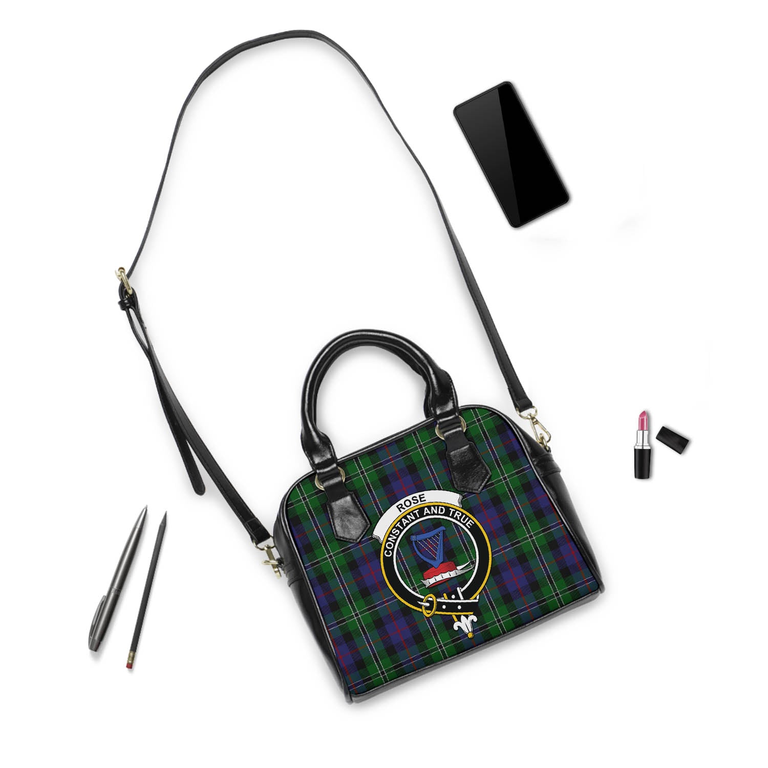 Rose Hunting Tartan Shoulder Handbags with Family Crest - Tartanvibesclothing