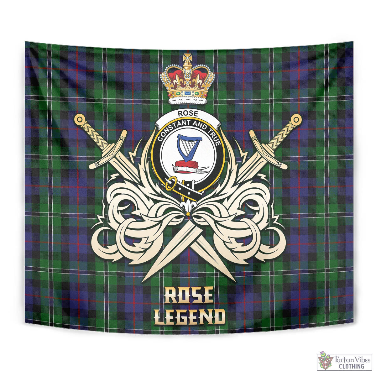 Tartan Vibes Clothing Rose Hunting Tartan Tapestry with Clan Crest and the Golden Sword of Courageous Legacy