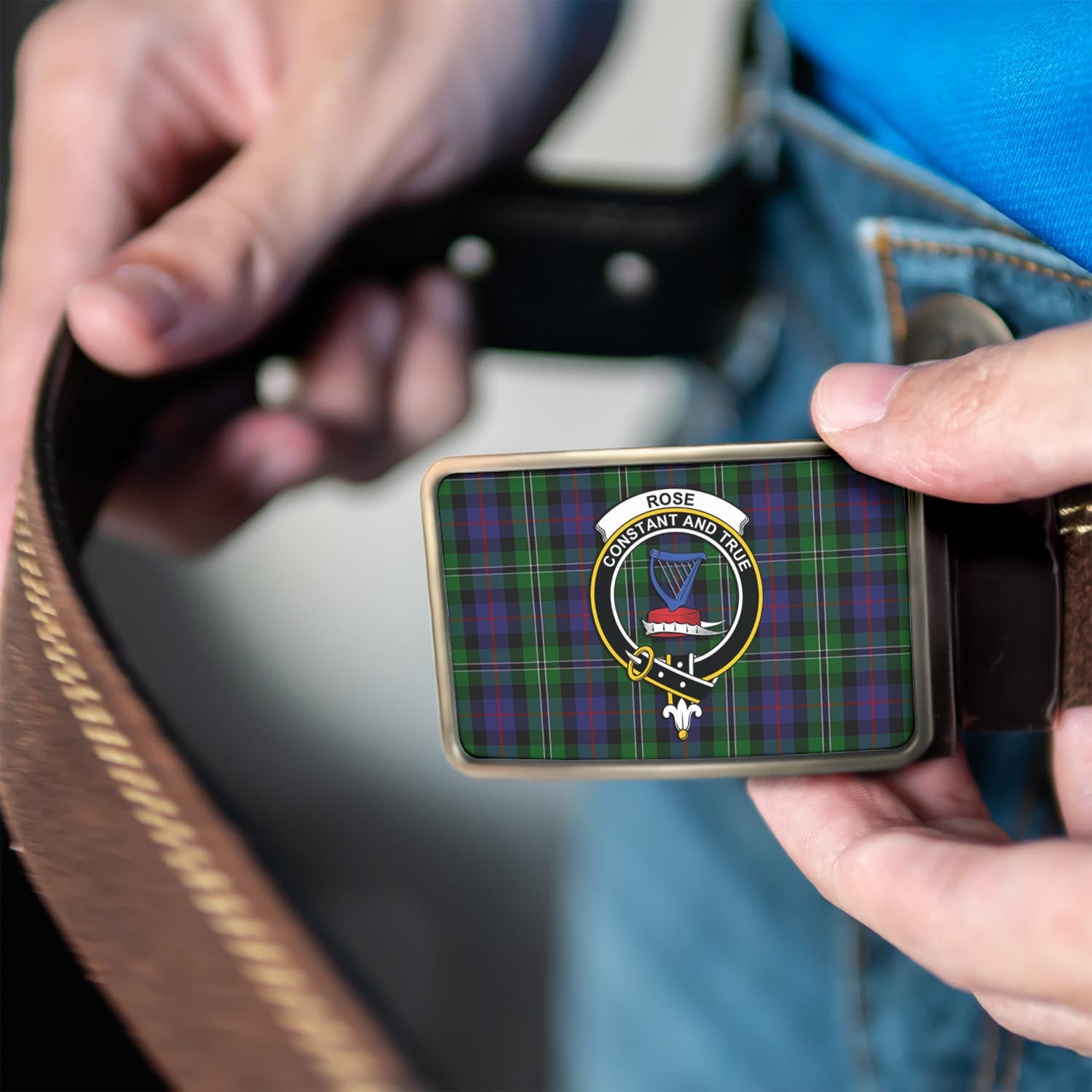 Rose Hunting Tartan Belt Buckles with Family Crest - Tartanvibesclothing Shop