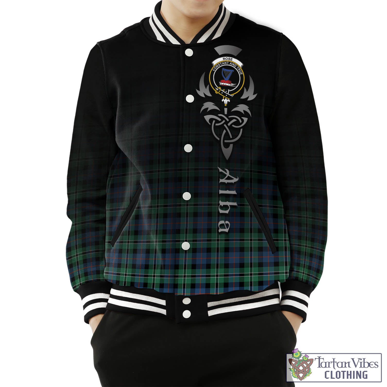 Tartan Vibes Clothing Rose Hunting Ancient Tartan Baseball Jacket Featuring Alba Gu Brath Family Crest Celtic Inspired