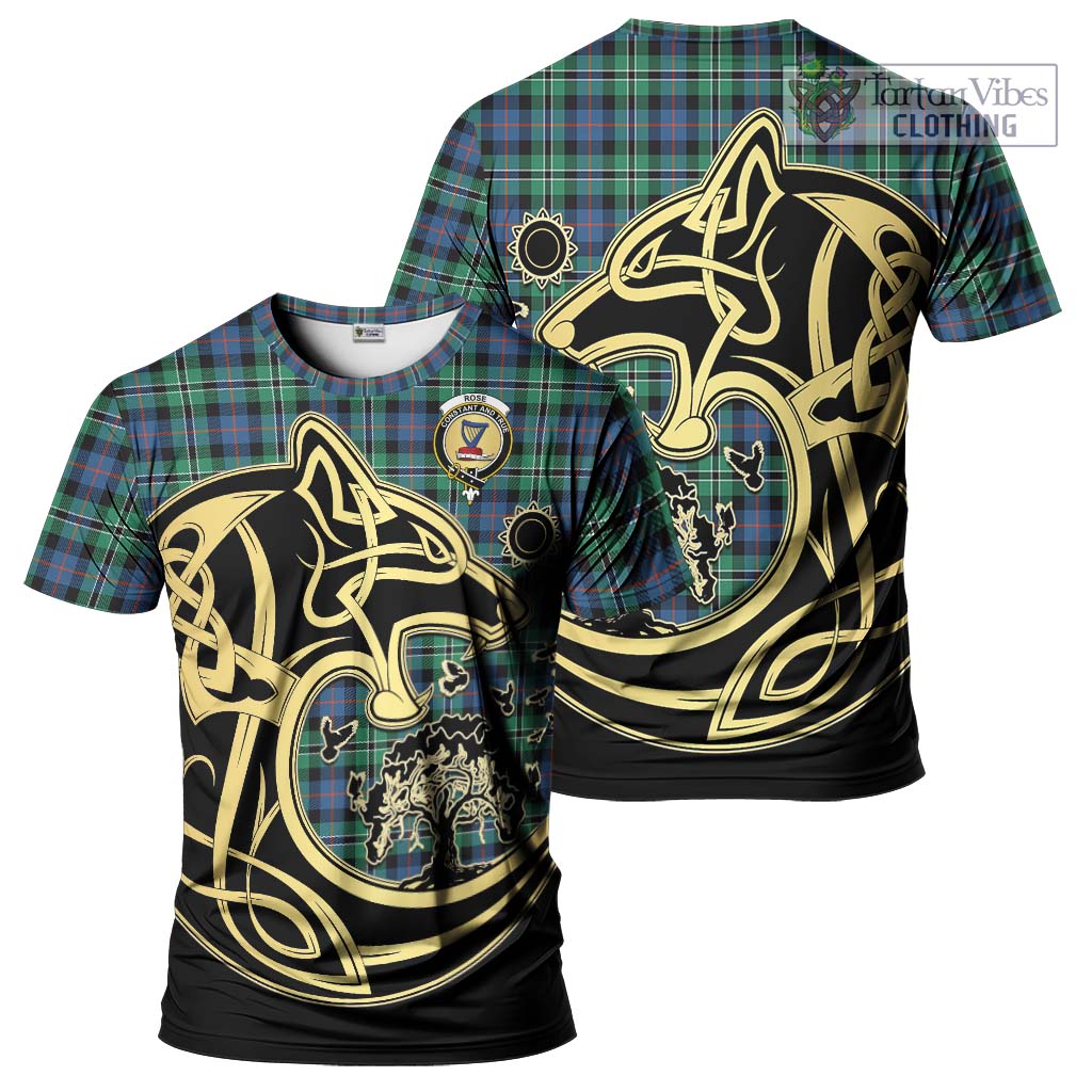 Tartan Vibes Clothing Rose Hunting Ancient Tartan T-Shirt with Family Crest Celtic Wolf Style