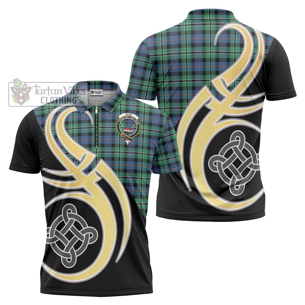 Tartan Vibes Clothing Rose Hunting Ancient Tartan Zipper Polo Shirt with Family Crest and Celtic Symbol Style