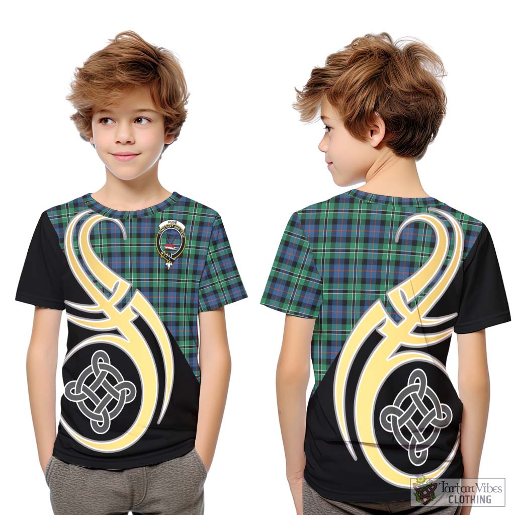 Tartan Vibes Clothing Rose Hunting Ancient Tartan Kid T-Shirt with Family Crest and Celtic Symbol Style