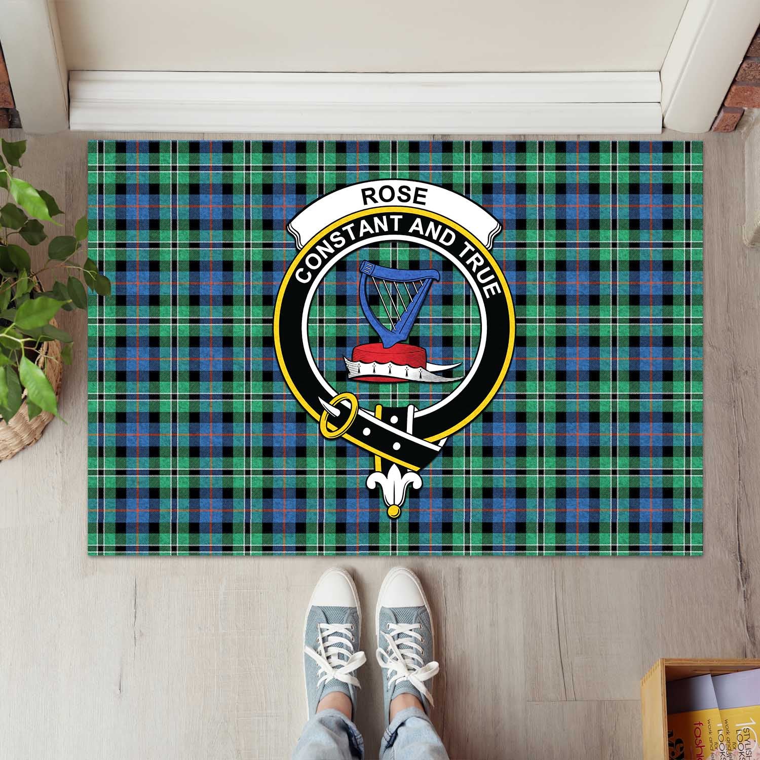 Rose Hunting Ancient Tartan Door Mat with Family Crest - Tartanvibesclothing Shop