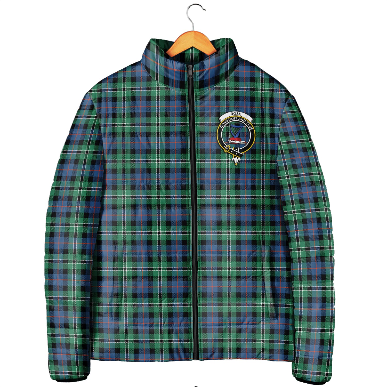 Rose Hunting Ancient Tartan Padded Jacket with Family Crest Men's Padded Jacket - Tartan Vibes Clothing