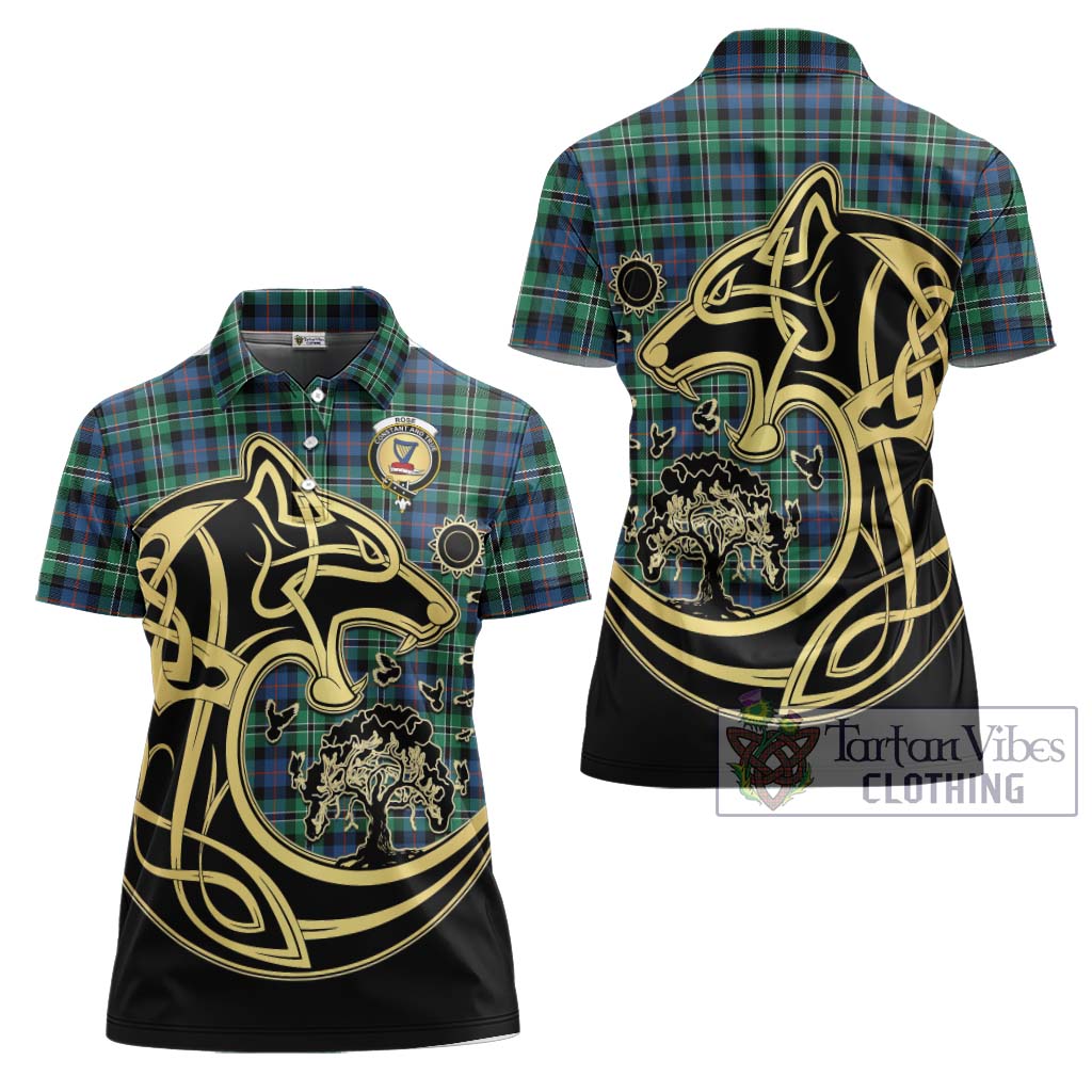 Tartan Vibes Clothing Rose Hunting Ancient Tartan Women's Polo Shirt with Family Crest Celtic Wolf Style