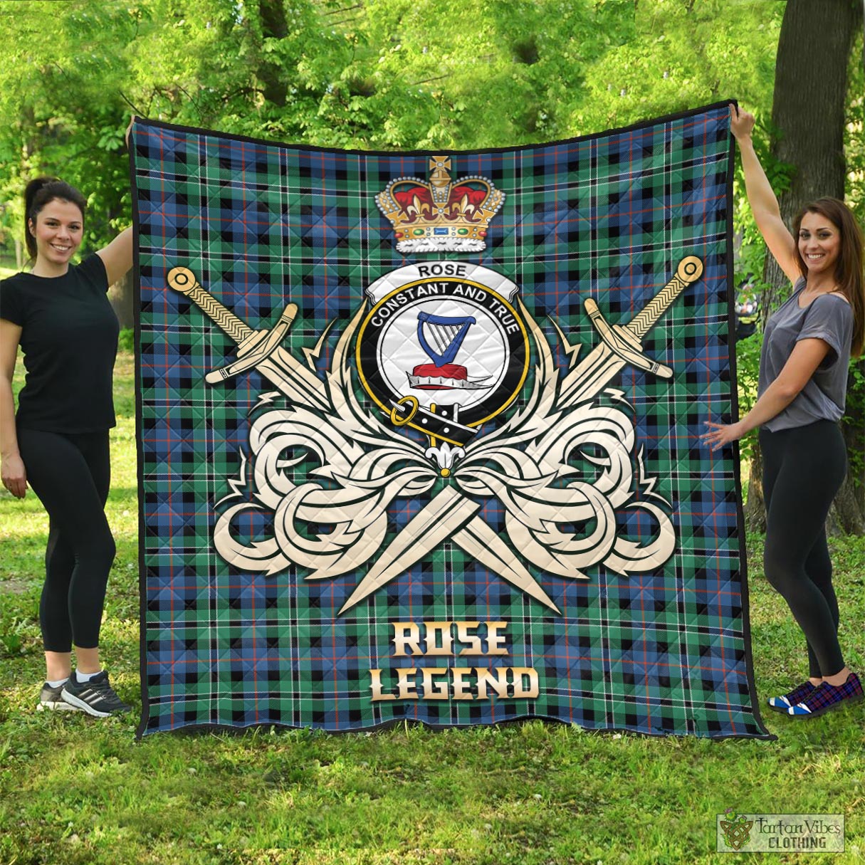 Tartan Vibes Clothing Rose Hunting Ancient Tartan Quilt with Clan Crest and the Golden Sword of Courageous Legacy