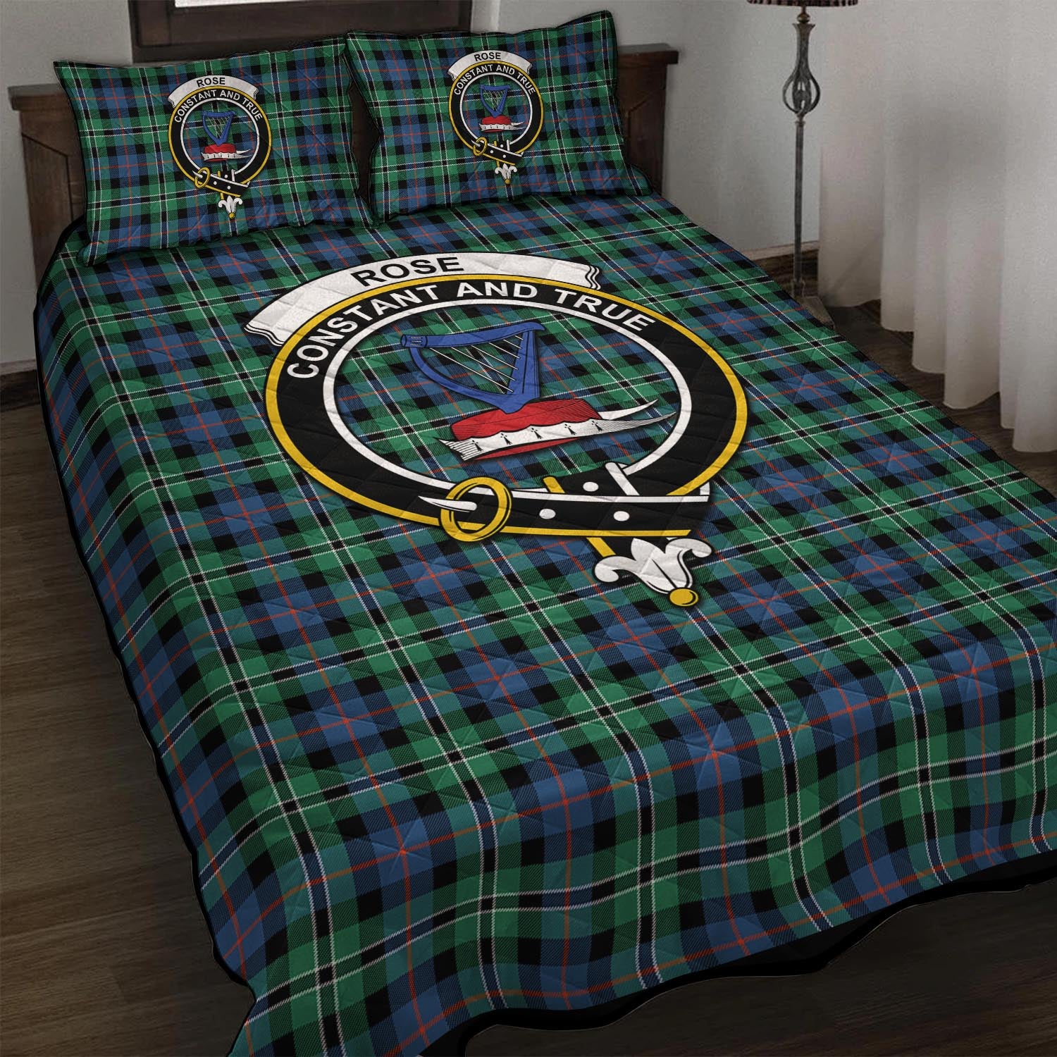 Rose Hunting Ancient Tartan Quilt Bed Set with Family Crest - Tartan Vibes Clothing