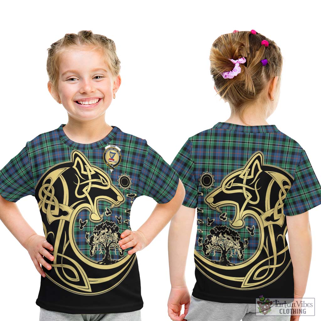 Tartan Vibes Clothing Rose Hunting Ancient Tartan Kid T-Shirt with Family Crest Celtic Wolf Style