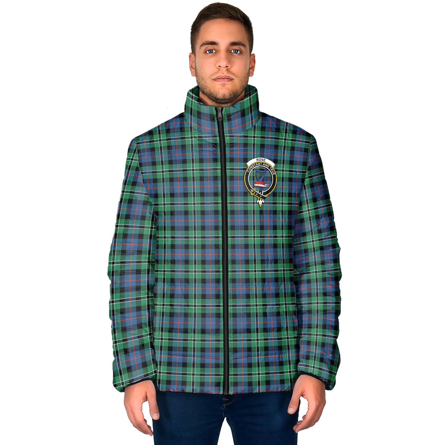 Rose Hunting Ancient Tartan Padded Jacket with Family Crest - Tartan Vibes Clothing