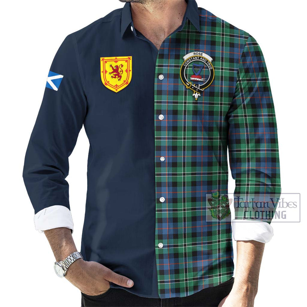 Tartan Vibes Clothing Rose Hunting Ancient Tartan Long Sleeve Button Shirt with Scottish Lion Royal Arm Half Style