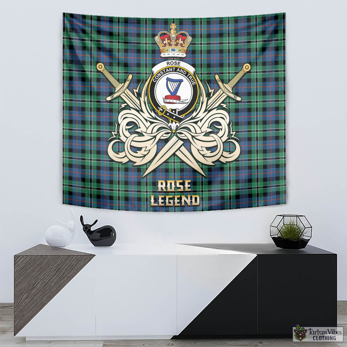 Tartan Vibes Clothing Rose Hunting Ancient Tartan Tapestry with Clan Crest and the Golden Sword of Courageous Legacy