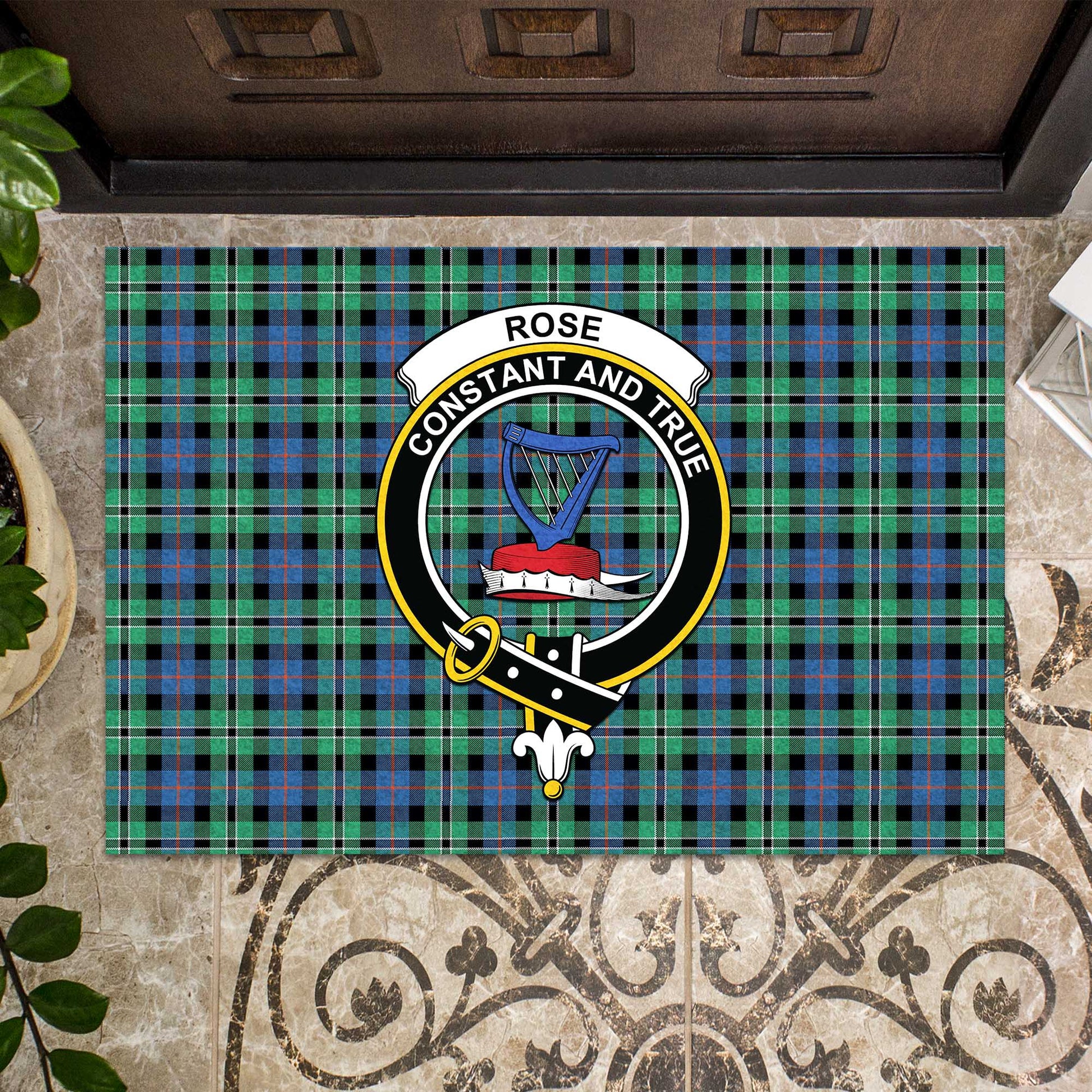 Rose Hunting Ancient Tartan Door Mat with Family Crest - Tartanvibesclothing Shop