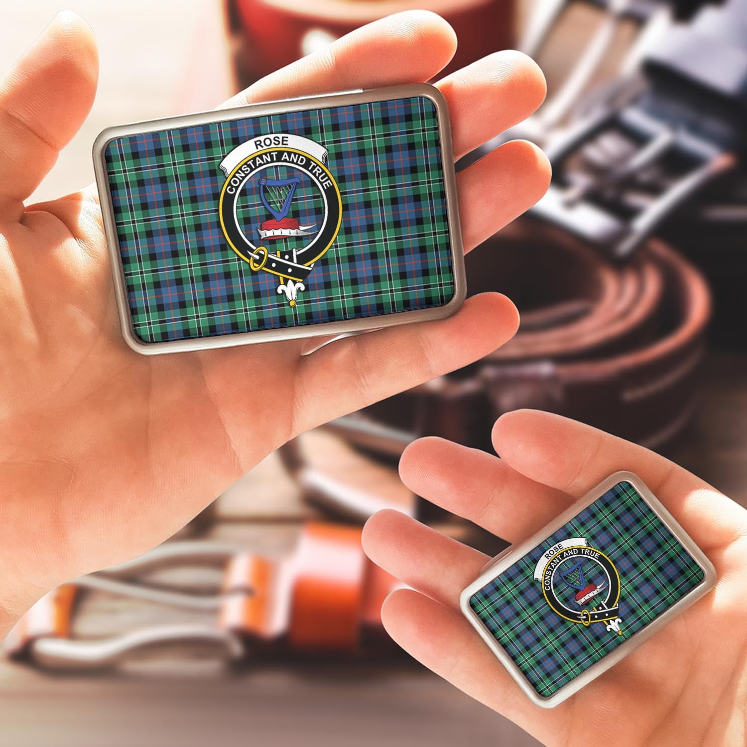 Rose Hunting Ancient Tartan Belt Buckles with Family Crest - Tartanvibesclothing Shop