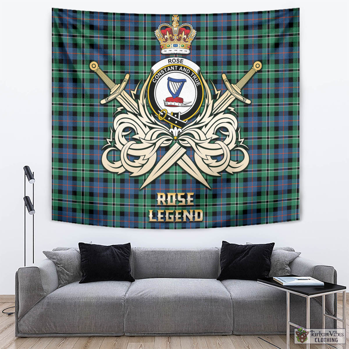 Tartan Vibes Clothing Rose Hunting Ancient Tartan Tapestry with Clan Crest and the Golden Sword of Courageous Legacy