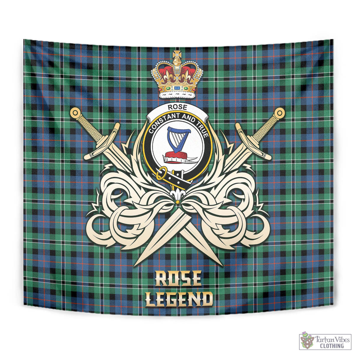 Tartan Vibes Clothing Rose Hunting Ancient Tartan Tapestry with Clan Crest and the Golden Sword of Courageous Legacy